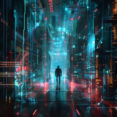 Solitary person in isolated mood walking in a neon-lit cyberpunk corridor.