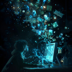 Stylized person in digital mood receiving virtual gifts against a dark background.