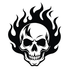 Skull Surrounded by Flames Black and White Illustration, Isolated on White, Tattoo Art