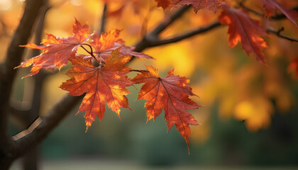 A close-up of a leafy tree branch bursting with the vibrant hues of autumn
