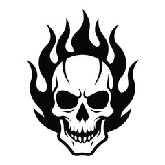 Burning Skull Silhouette, Monochrome Design, Flame Effect, Isolated on White Background