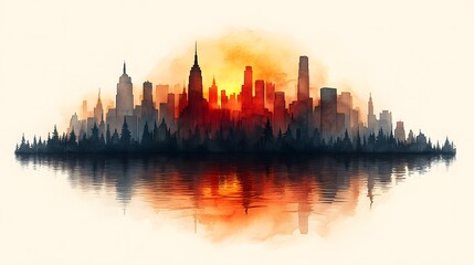 Obraz premium Ink and wash art of a city skyline inverted on rippling water