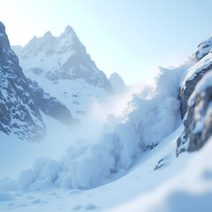 Digital rendering of a snow avalanche down a mountainside representing a serene winter landscape