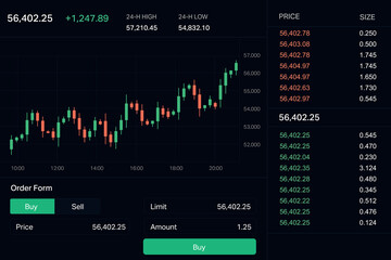 Modern cryptocurrency trading screen with chart and order book
