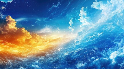 Fiery sunset meets icy blue sky; vibrant cloudscape