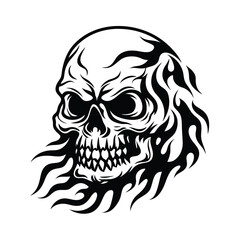 Tribal Skull with Fire Flames Decoration, Spooky Skull Design, Black Isolated Silhouette