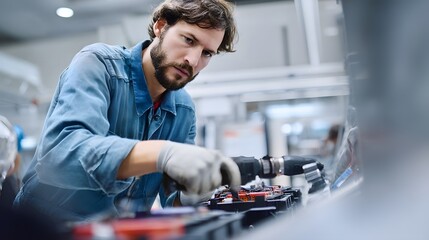 Electric vehicle engineer tightening battery modules on assembly line