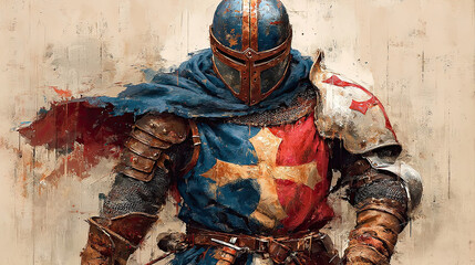 Medieval knight armor cross blue red worn cape helmet battle watercolor painting