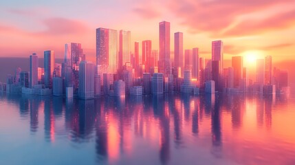 Fototapeta premium Isometric low-poly 3D city model with upside-down sunset