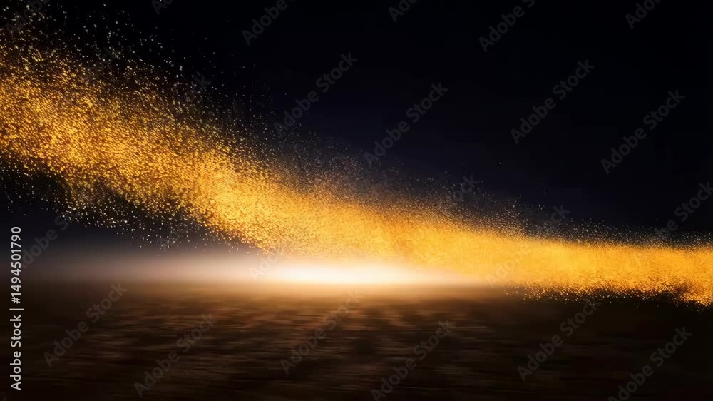 Wall mural golden glittering particle stream across a dark wavy surface with bright light reflection, creating 
