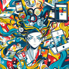 Stylized female figure serene and contemplative representing technological connectivity.
