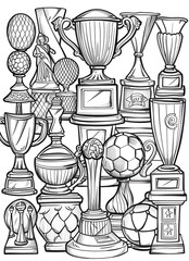 Detailed illustration of trophy collection with soccer balls in black and white representing sports achievement.