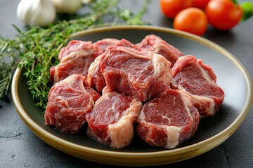 Fototapeta premium Raw lamb cubes sit on a plate with rosemary, garlic and tomatoes. Ideal for illustrating recipe blogs or a butcher shop's website.