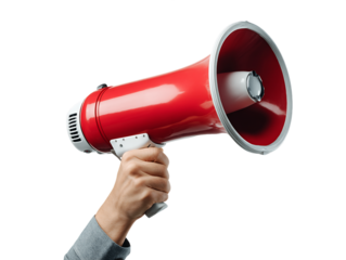 Hand Holding Red Megaphone Against Transparent Background, PNG