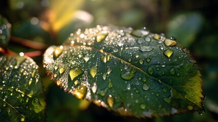 A detailed close-up of a leaf covered in dew drops, with sunlight filtering through the surrounding trees. .