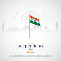 Naklejka premium 15 August - Happy Independence Day India Social Media Post and Flyer Template. Indian Independence Day Celebration Greeting Card with Text. 