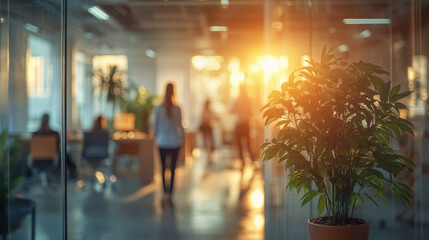 Obraz premium Group of Business people walking in the office corridor in night,People in business center walking at hall,motion go around at coworking space,Wide image,Concept of office life,co working space.