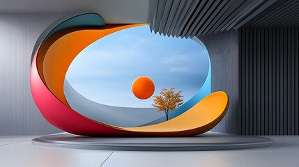 this is an image of a colorful sculpture with a tree in the middle