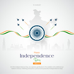 Happy Independence Day India Social Media Post and Greeting Card. 15 August - Indian Independence Day Celebration Flyer Template with Text	
