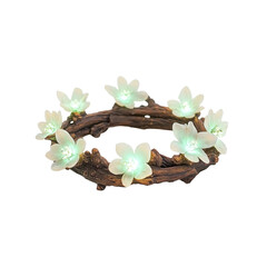 Illuminated Floral Wreath Glowing White Flowers on Rustic Wooden Base