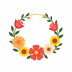 Vibrant flower crown illustration on pure white background, natural beauty