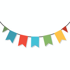 Fototapeta premium Colorful festive flags hanging against white background, celebration theme
