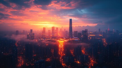 Fototapeta premium Fiery Sunset Over Urban Skyline