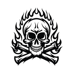 Skull and Crossbones Silhouette with Flames, Skull Head, Black and White, Minimalist Design