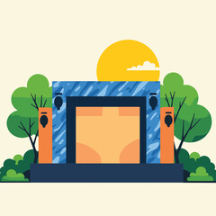 Fototapeta premium Colorful festival stage surrounded by trees, vibrant celebration