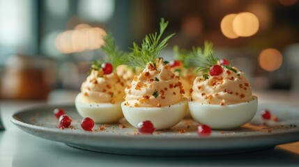 Obraz premium Elegant deviled eggs with garnish, a culinary delight.