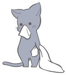 Black cat with rhinitis holding a blanket