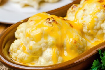 Creamy baked cauliflower topped with melted cheese in a ceramic dish.