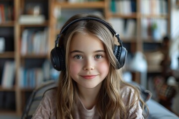 Young girl with headphones enjoying music in a cozy room.