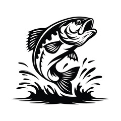 Leaping Largemouth Bass Silhouette with Water Splash, Black and White Wildlife