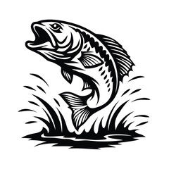 Black And White Silhouette of Jumping Bass Fish with Water Splash and Open Mouth