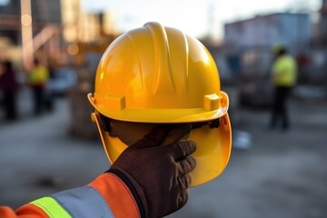 Close-up of a construction worker holding a yellow hard hat at a work site.