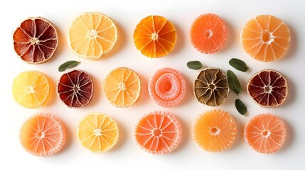 Overhead view of circular dried citrus slices scattered on white