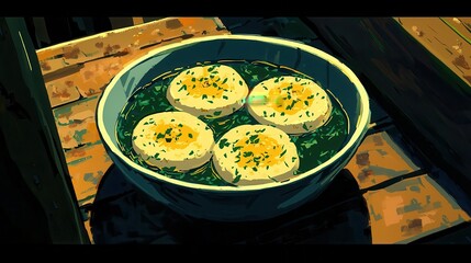 Delicious food in a bowl on a wooden table