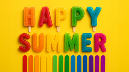 Happy summer text creatively arranged with colorful ice pops and sticks representing fun frozen dessert joyful vacation and seasonal celebration