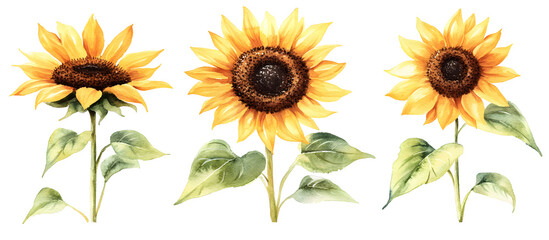Yellow sunflower flowers watercolor illustration isolated on transparent background, natural botanical art, bright floral design, summer garden bloom, decorative bouquet element