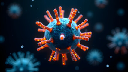Electric blue filamentous virus with glowing orange flexible appendages, extreme HD microscopic detail.