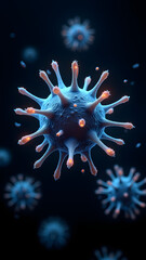 Electric blue filamentous virus with glowing orange flexible appendages, extreme HD microscopic detail.