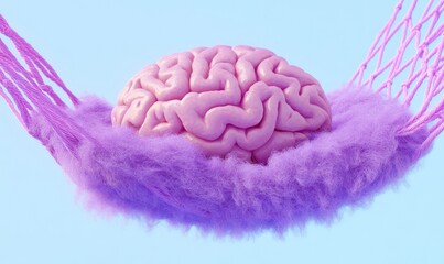 Pink Brain in Soft Purple Hammock Against Blue Background
