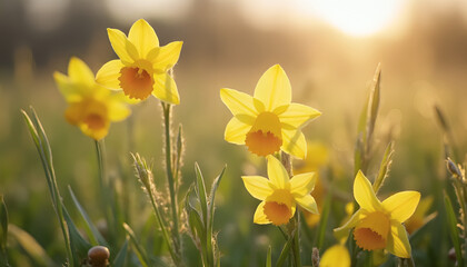 Fototapeta premium Beautiful blurred spring background nature with blooming glade and grass