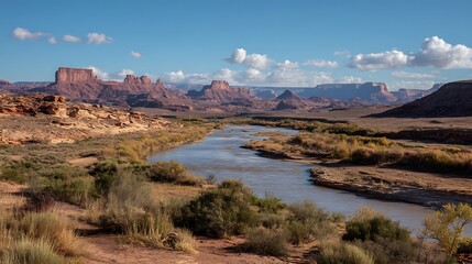 Scenic river cuts through desert landscape, flanked by shrubs, with distant mesas under a clear sky. .