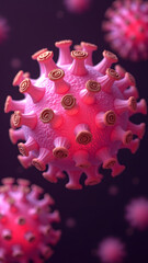 Pink glowing filamentous virus with golden spiral appendages, ultra-detailed microscopic 3D render.