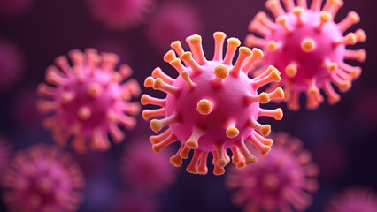 Pink glowing filamentous virus with golden spiral appendages, ultra-detailed microscopic 3D render.