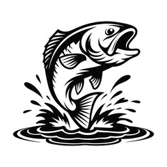 Black Silhouette Fish Leaping, Open Mouth, Water Splash Isolated on White Background