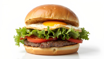tasty burger with salad, meat, tomatoes and fried egg isolated on white background