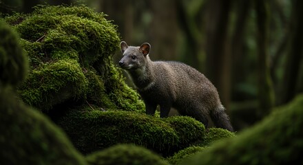 A Lone Forest-Dwelling Tayra Amidst Mossy Rocks